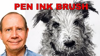 Ink Painting. Painting a dog with pen, black ink, and a brush. How to capture character and fur.