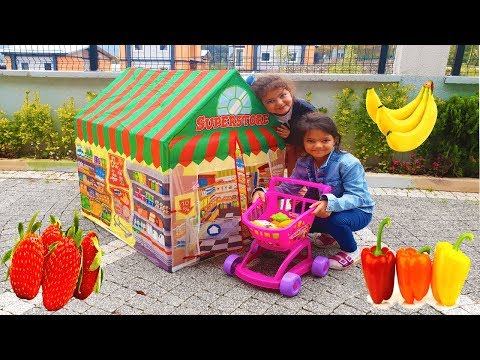 Öykü ve Masal market Çadırında Alışveriş Yaptılar- Kids Pretend Play shopping at the Supermarkets