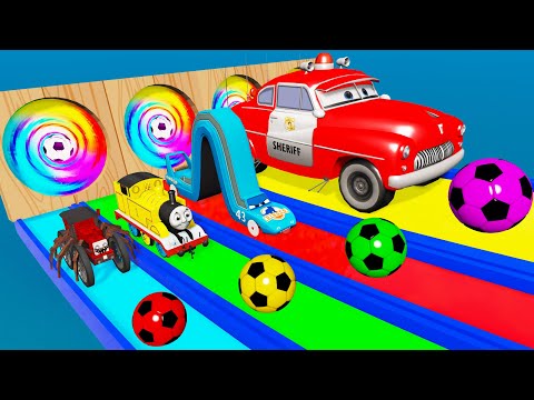 Big & Small Car vs Portal Trap with Slide Colors – Cars vs Train - Cars vs Deep Water - BeamNG #1