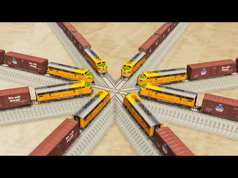 Impossible Four Rail Tracks Merging Crossover Vs Trains Crossing - BeamNG.Drive