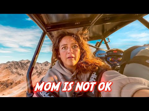 Woman in a small plane cockpit with wind in her hair, surprised expression, mountains visible outside; bold red text reads 'MOM IS NOT OK' across the bottom.