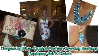 Gorgeous Blue Crystal Fashion Jewelry Earrings & Necklace Set & Clutch 