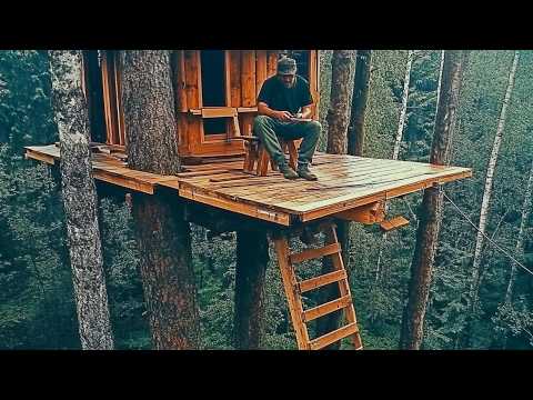 Man Builds Tiny TREEHOUSE in the Middle of the Forest | Start to Finish by @bushcraftua1