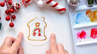 How to Paint Watercolour Gingerbread Cookie House - Beautiful Watercolor Christmas Card Ideas