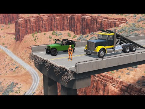 Cars & Ramp Truck vs broken bridge - BeamNG.Drive