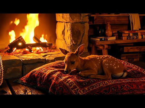 8 Hours of Cozy Fireplace & Blizzard Sounds – Sleeping Fawn in a Winter Cabin