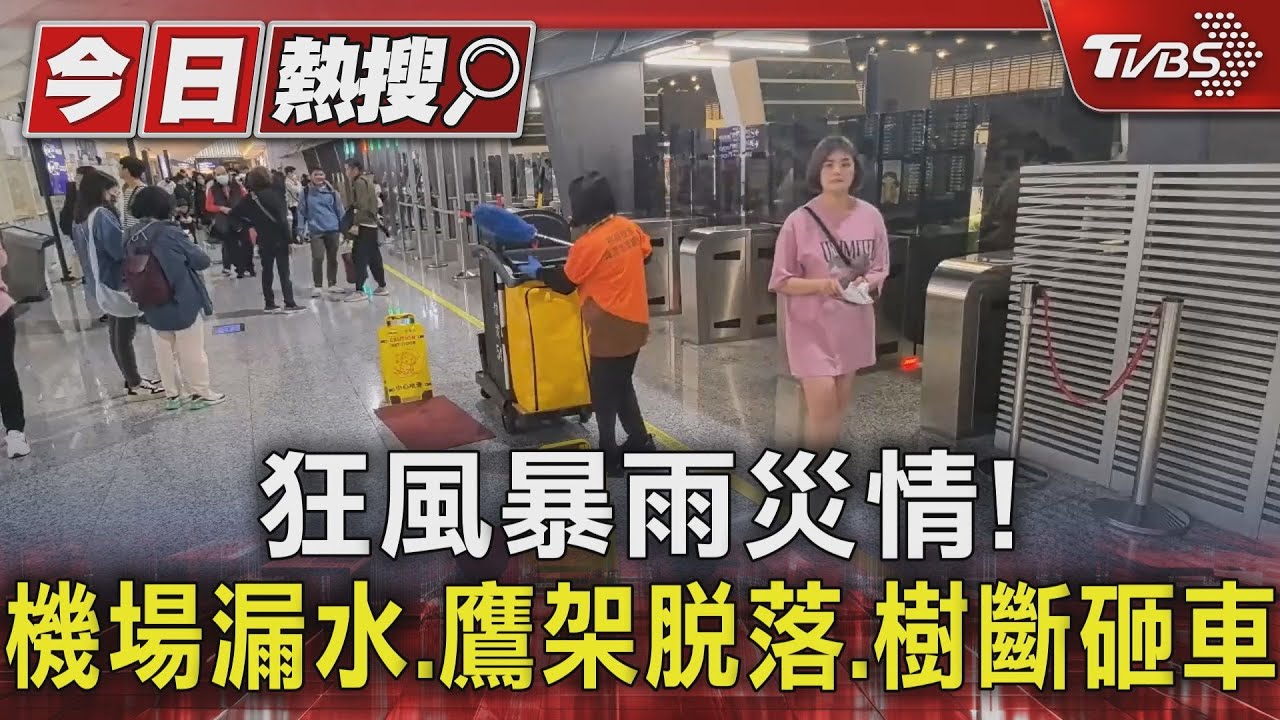 狂風暴雨災情！　機場漏水、鷹架脫落、樹斷砸車