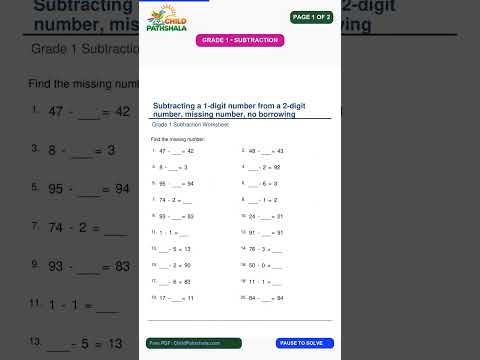 Grade 1 Subtracting 1 Digit From 2 Digit Missing Number F