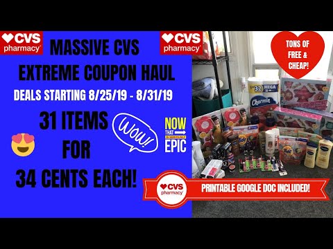 MASSIVE CVS EXTREME COUPON HAUL DEALS STARTING 8/25/19|31 ITEMS ONLY .34 CENTS|LOTS OF FREE & CHEAP Video