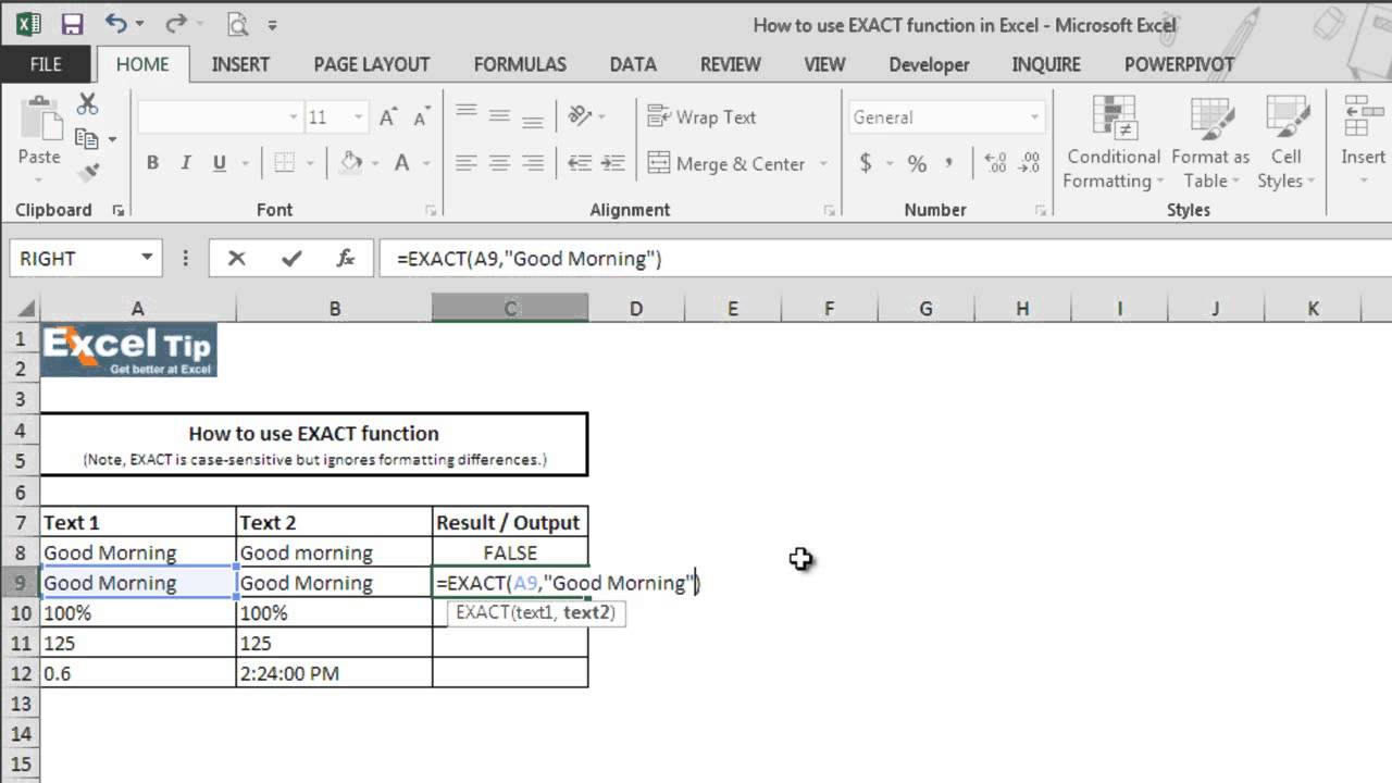 How to use EXACT function in Excel