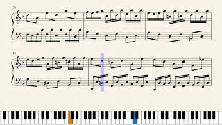 A computer plays and displays the score of J.S. Bach's 8th invention for 2 voices in F major, metronome tempo: quarter note = 99.