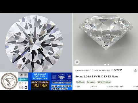 Lab diamond USA round 3.26ct E vvs1 ideal EX EX None $6982