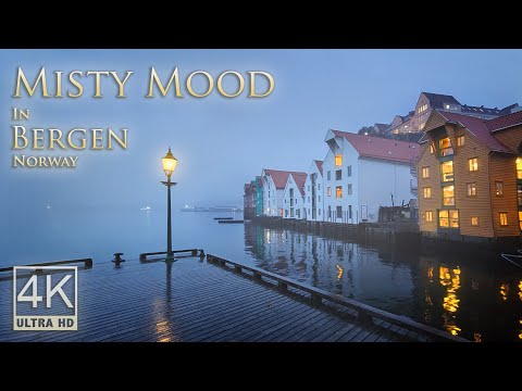 Misty Mood in Bergen | Atmospheric 4k Walking Tour | Binaural Rain Sounds for Relaxation