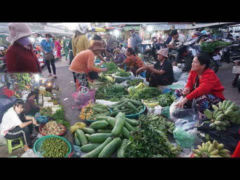 Early Morning Vegetable Market Scene - Early Morning Daily Lifestyle of Khmer People Buying Food
