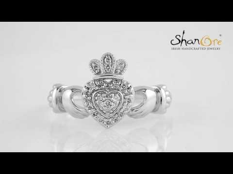 Ladies 14K White Gold Claddagh Ring Encrusted With Diamonds