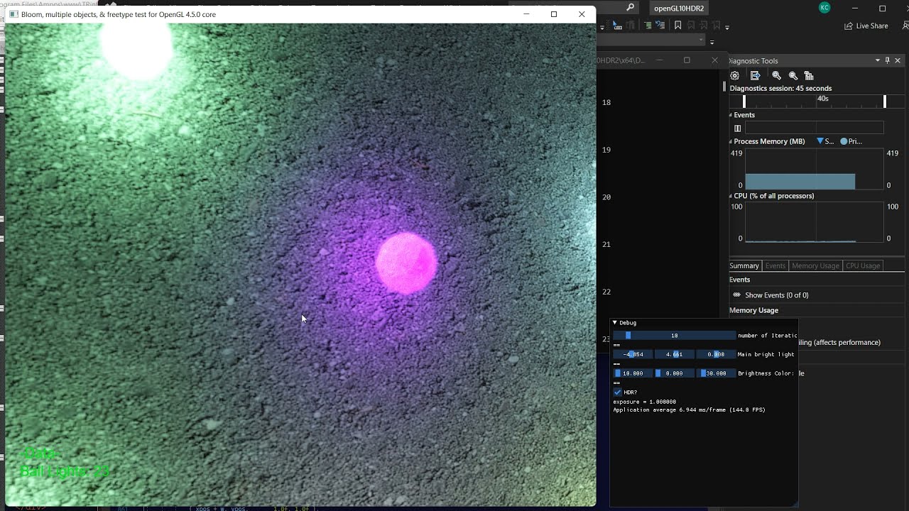 Bloom example using multiple icosphere objects and framebuffers on OpenGL 4.5.0 core C++