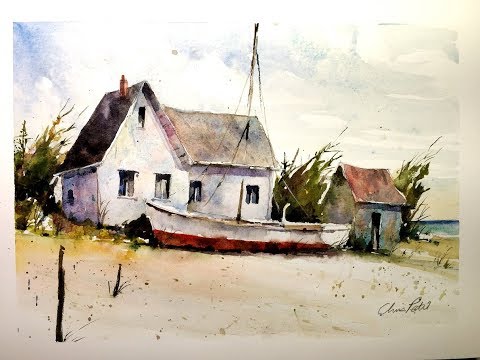Sailboat and Shorehouse Seascape Scene in Watercolor - with Chris Petri