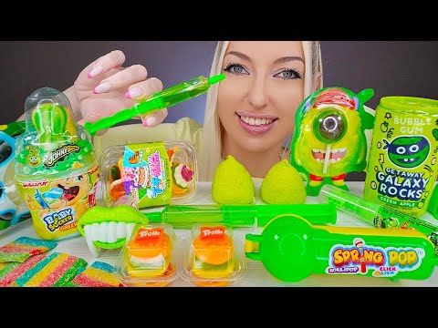 ASMR EATING LOLLIPOP, GREEN FOOD PARTY, CANDY, MARSHMALLOW, CHEWING GUM, MUKBANG, 다양한 캔디, 컬러 먹방