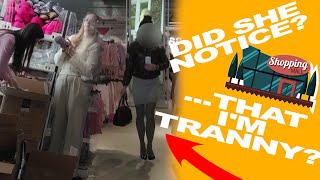 CROSSDRESSER SHOPPING IN HIGHHEELS AT DAYLIGHT TIME. PUBLIC CROSSDRESSING IN GRAY PANTYHOSE