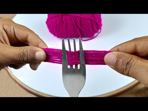 It's so Beautiful 💖🌟 Superb Woolen Flower Making Trick with Fork - Hand Embroidery Amazing Flowers