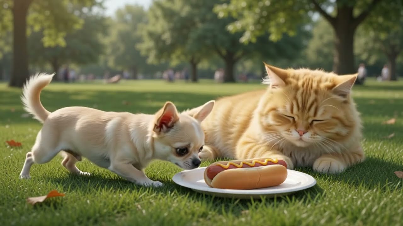 Tiny Chihuahua STEALS a Hot Dog... The Cat's Reaction Is HILARIOUS! 😂🌭🐶🐱