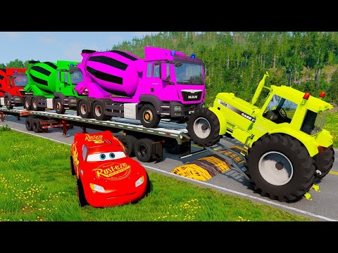 Flatbed Truck McQueen | Transportation with Truck - Pothole vs Car #77 | BeamNG.Drive Gameplay