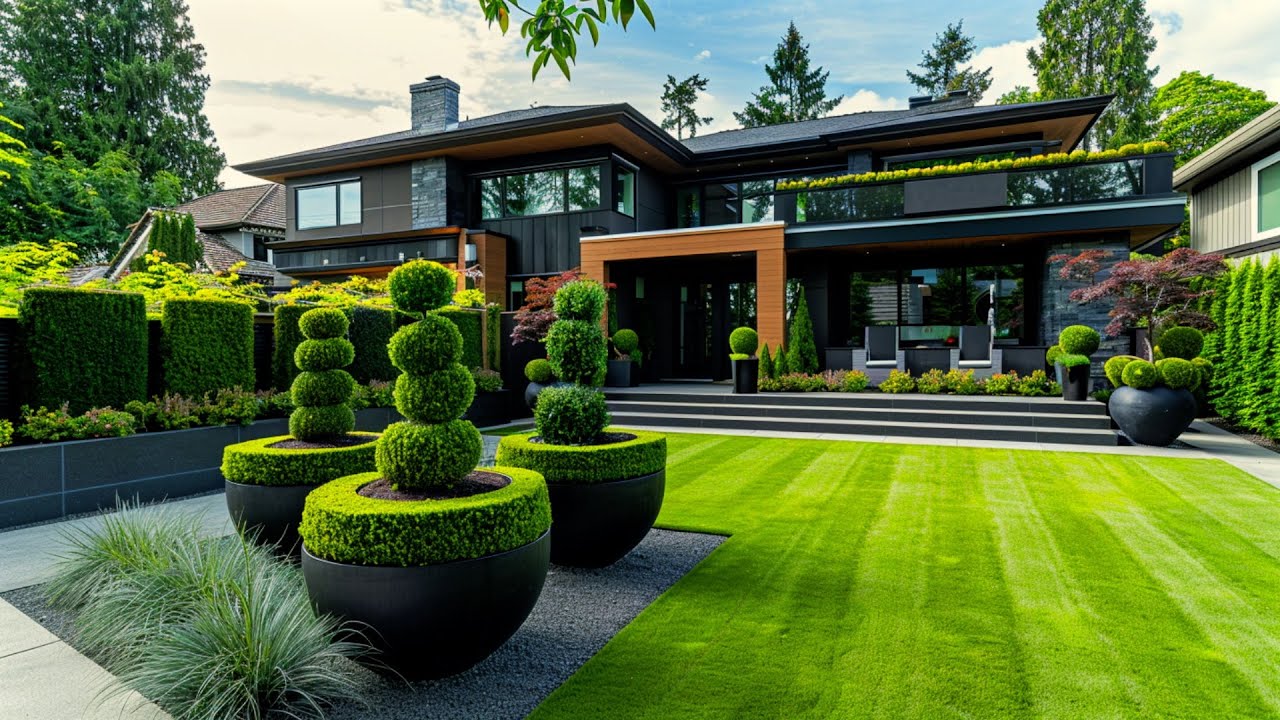 Creating Harmony: Front Yard with Lush Grass and Greenery