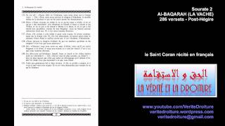 Sourate 2 : Al-BAQARAH (LA VACHE) Coran récité en français seulement- mp3 - www.veritedroiture.fr