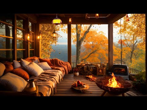 Sunny Autumn Morning in a Cozy Treehouse🍁Cracking Fireplace, Falling Leaves, Lake sounds & birdsong