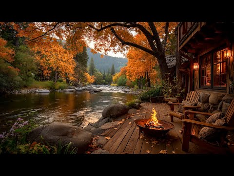 Peaceful Autumn Morning Ambience | River Sound, Nature Birds Singing & Crackling Firepit