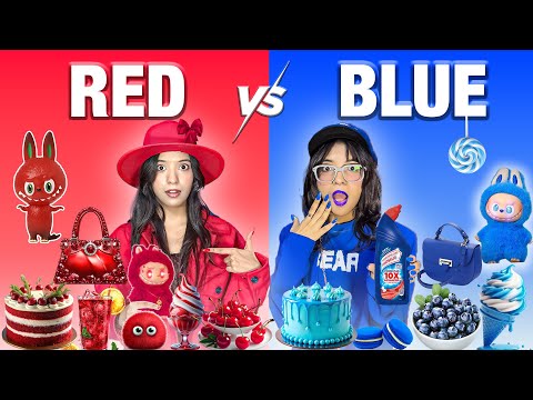 Using Only *Red Blue* Things and Food For 24 Hours Challenge 🥰