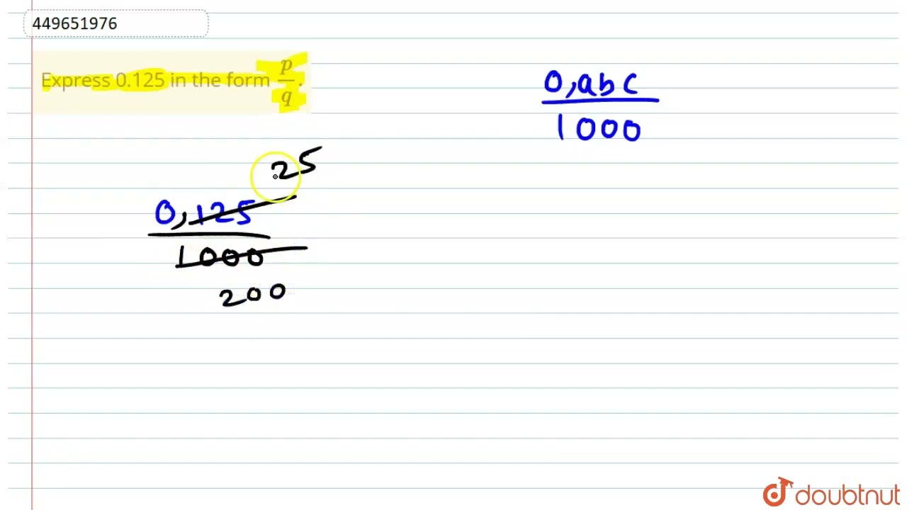 Express 0.125 in the form (p)/(q). | CLASS 10 | MBD NEW STYLE MODEL TEST PAPER -1  | MATHS | Dou...