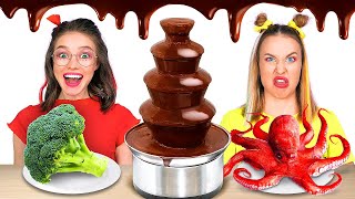 CHOCOLATE FOUNTAIN FONDUE CHALLENGE || Last To Stop Eating Chocolate VS Real Food By 123 GO! FOOD