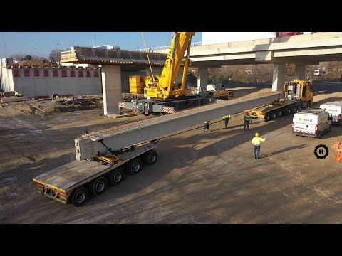 Přeprava a práce s nosníkem mostu / 32 m, 50 tun / D1 Brno / Hanyš