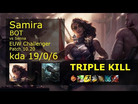 Samira Bot vs Senna - EUW Challenger 19/0/6 Patch 10.20 Gameplay
