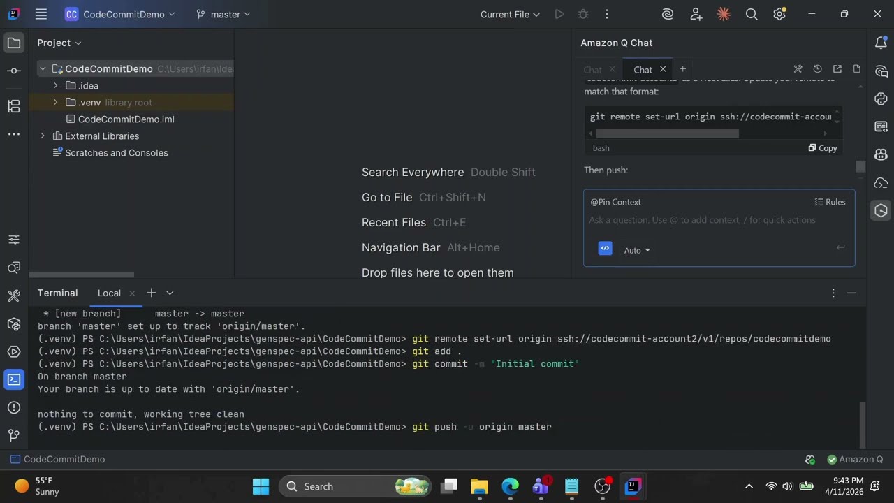 AWS CodeCommit Tutorial | Push Code Using SSH (IntelliJ + Amazon Q Developer)