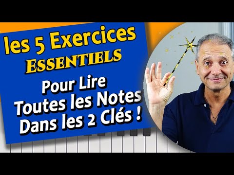 5 exercices essentiels pour lire toutes les notes de musique d`une partition de piano dans 2 clés.