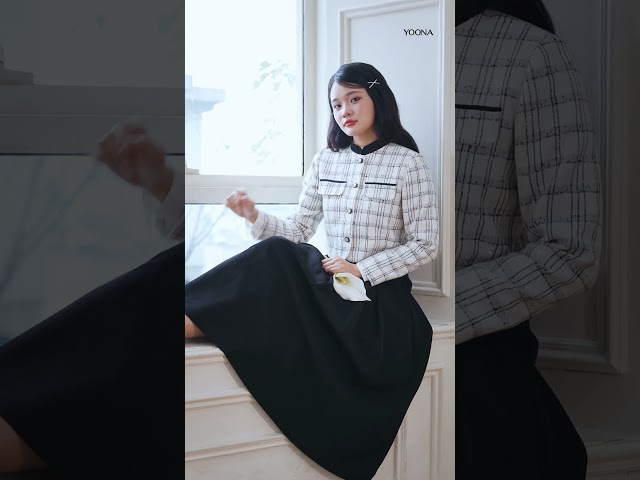 ED13AC530 - Sét bộ dạ tweed kim sa kẻ đen