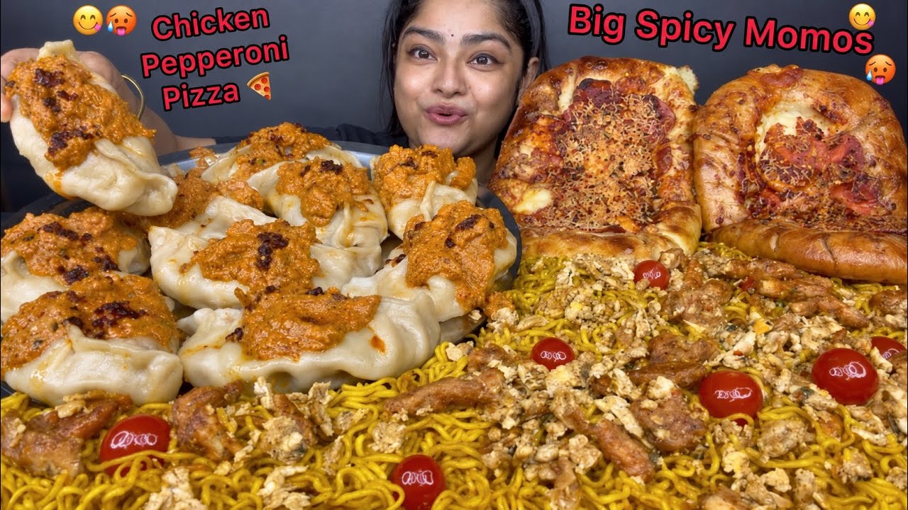 SPICY BIG JUICY CHICKEN MOMOS WITH SPICY JHOL, CHEESY CHICKEN PEPPERONI PIZZA AND CHICKEN EGG MAGGI