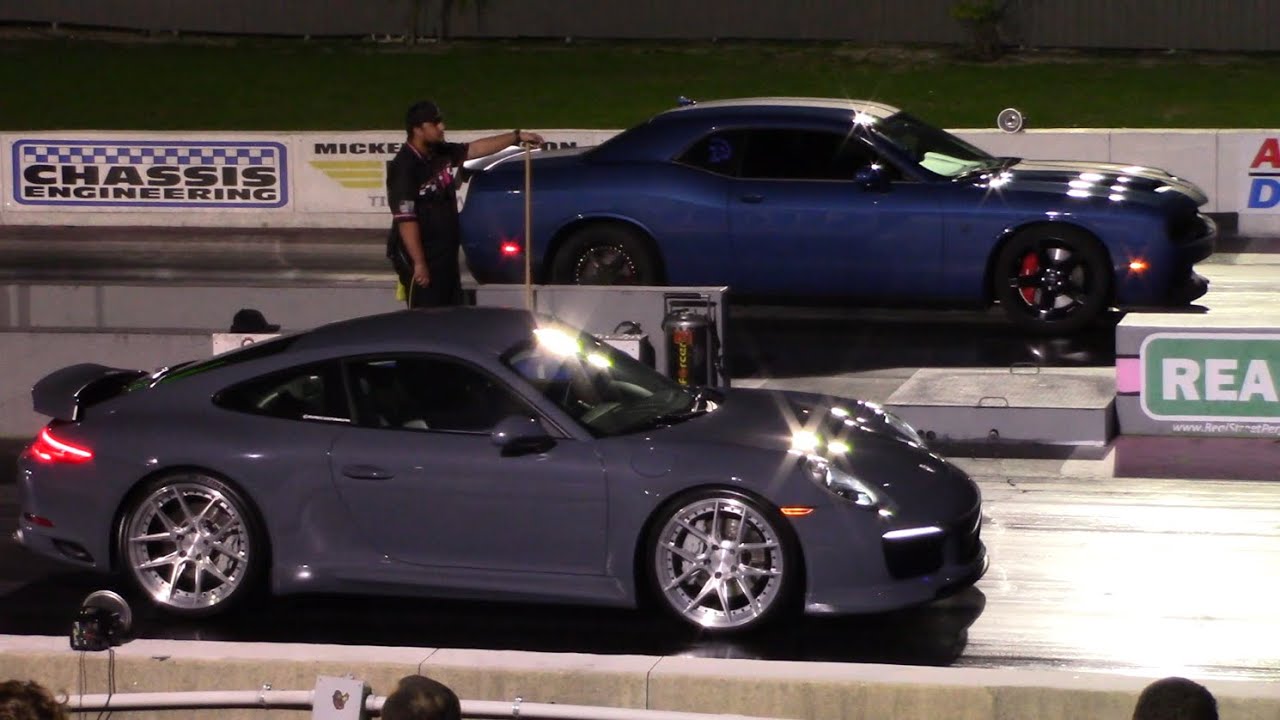 Dodge Challenger Hellcats Drag Porsche 911 Turbos, Someone Takes a Nine ...