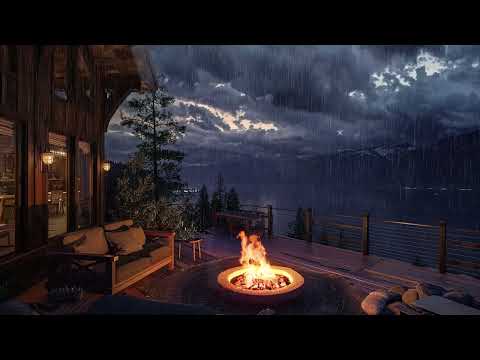 More Calm When Immersing in Balcony Ambience with Heavy Rain and Bonfỉe Sounds - Rain Covers My Mind