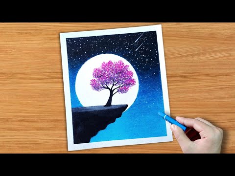 Drawing with oil pastel / Moonlight night scenery drawing 