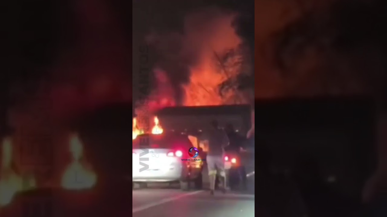 Caminhão pega fogo na subida da Anchieta, em Cubatão, e causa lentidão na via.