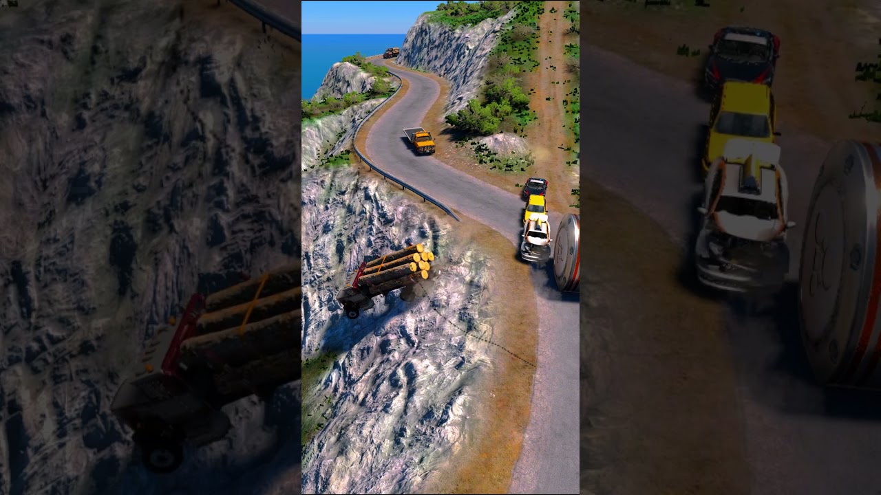 Rallye cars race safely past two furious trucks