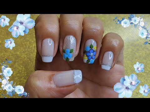 DECORACIÓN DE UÑAS FLOR AZUL Y ROSAS | Blue flower and roses ♥ NailArt By Andy