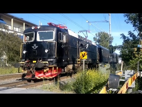 SJ-tågset med RC-lok passerar järnvägsövergång med bommar i Uppsala 26 juni 2014