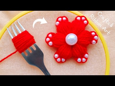 It's so Beautiful 💖🌟 I Made It with Yarn Using Fork - Super Easy Woolen Flower Making Idea