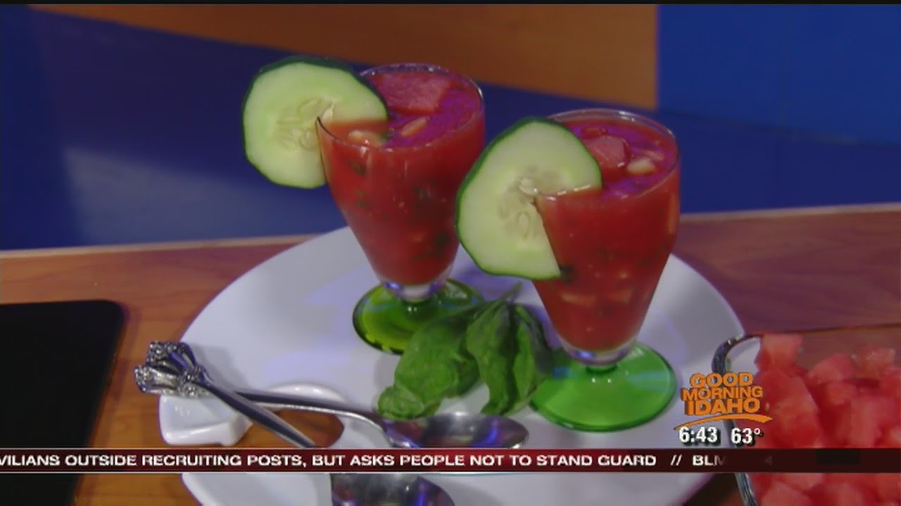 Watermelon cucumber gazpacho soup showcases organic ingredients
