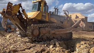 Komatsu D475 Bulldozer Ripping Rock & Terex RH170 Excavator Loading Dump Trucks