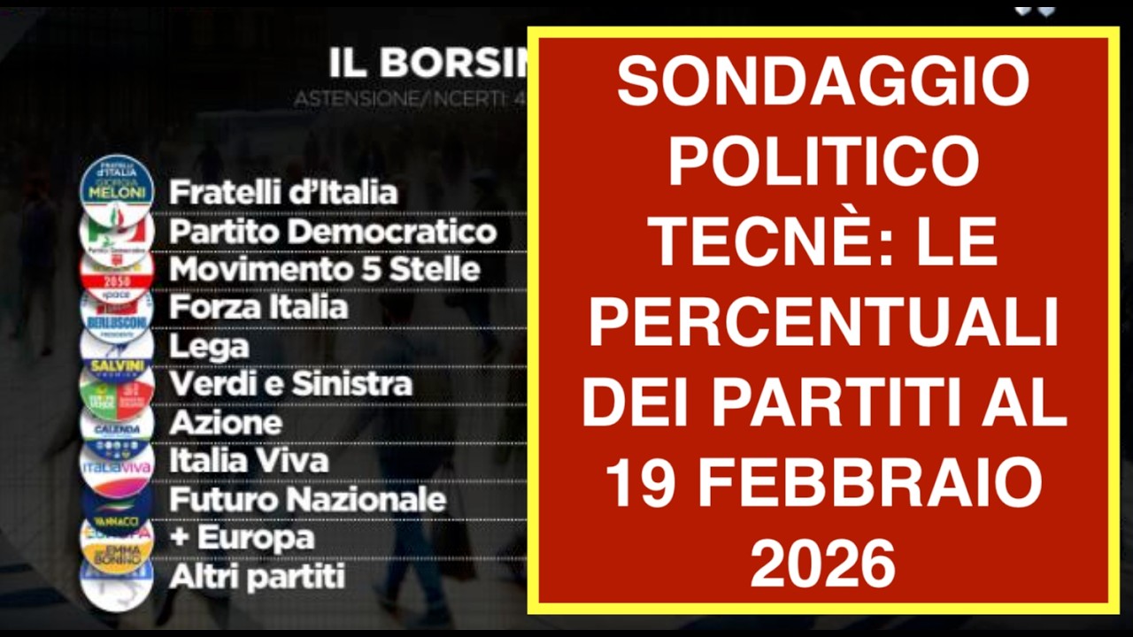 SONDAGGIO POLITICO TECNÈ: LE PERCENTUALI DEI PARTITI AL 19 FEBBRAIO 2026